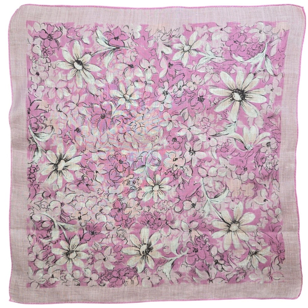 Hankie Hanky Lightweight Pink Floral White Flowers 14.5"x14.5" Vintage
